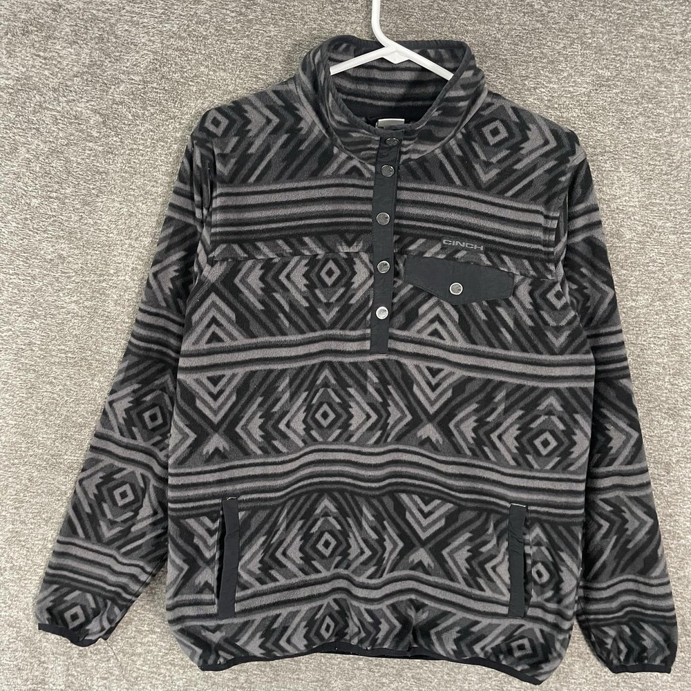 Cinch Pullover Large Gray Fleece Snap Mock Neck Geometric Lined Pockets